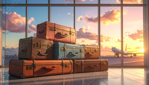A stack of vintage suitcases sits inside an airport terminal with plane taking off at sunset