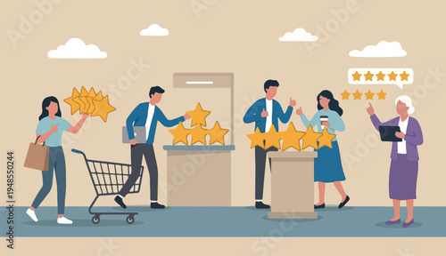 Customer loyalty, consumer satisfaction giving 5 stars rating feedback, best user to experience trust use service again concept, various customer or people giving 5 stars review for quality service