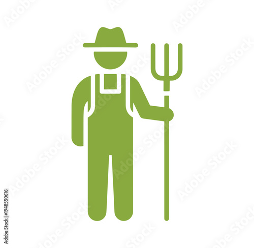 green silhouette of a farmer wearing overalls and a hat holding a pitchfork