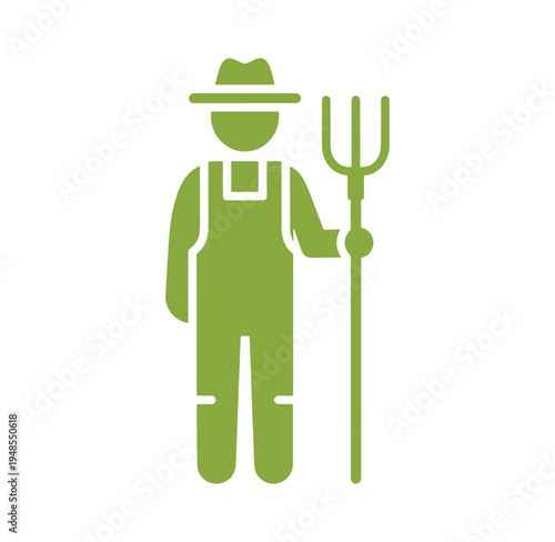 Green silhouette of a farmer wearing overalls and a hat holding a pitchfork