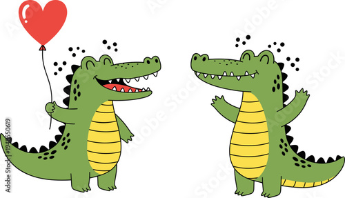 Cute crocodile cartoon characters, funny alligator holding heart balloon, happy reptile mascot illustration, kids animal clipart design set