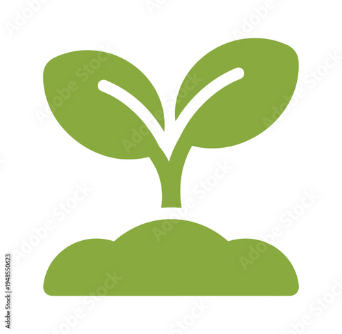 Green sprout growing from soil with two leaves on top in flat design style