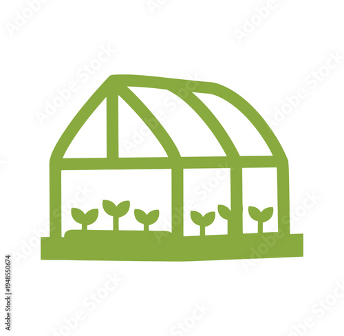 Greenhouse with plants growing inside a simple green illustration