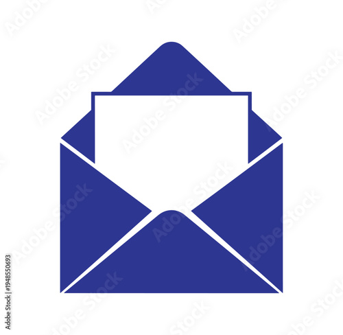 Open blue envelope with white insert paper  communication symbol