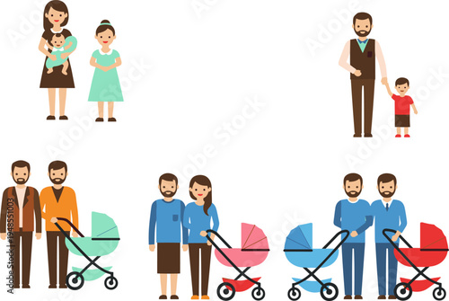 Family parents and children illustration set, mother father baby stroller parenting lifestyle characters, happy family cartoon collection