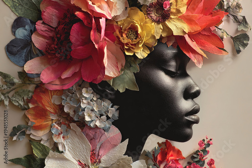 Collage with beautiful black woman and flowers