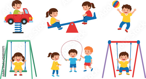 Happy kids playground activities cartoon set, children playing swing seesaw spring rider ball skipping rope outdoor fun illustration