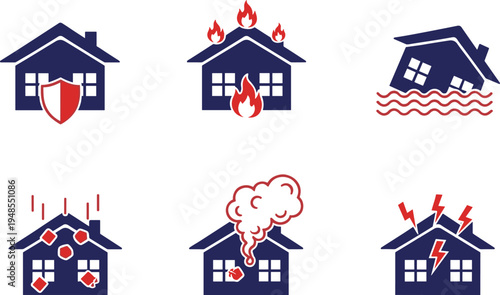 Home insurance disaster protection icons, house fire flood earthquake lightning damage symbols, property safety risk management illustration set