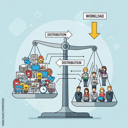 Illustration of a balanced scale showing workload distribution between tasks and people, symbolizing effective resource management and team efficiency.