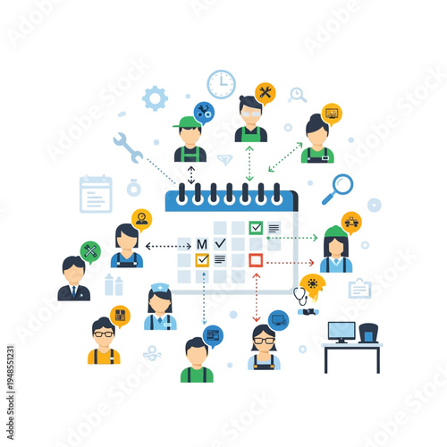 Visual representation of a team scheduling system with diverse professionals and a calendar interface.