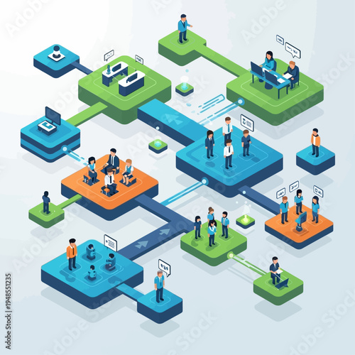 Isometric illustration of a complex business network connecting teams and individuals through digital platforms and communication channels.