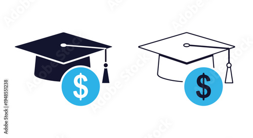 Education funding dollar graduation cap icon set - Modern style icon  - Glyph and solid icon set - Line icon set - Icon vector - Minimalist, flat icon
