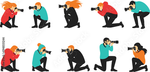 photographers, taking photos, professional camera, photography activity, male female photographers, paparazzi style, photo shooting, media people, creative hobby, vector