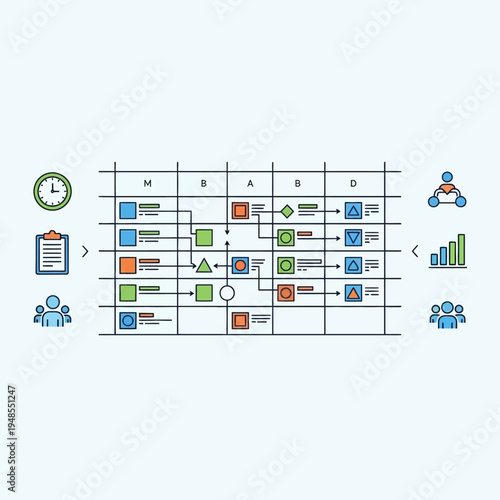 Kanban board illustrating project management workflow with tasks, timelines, and team collaboration icons.