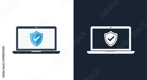 Laptop security shield icon set minimal design - Line and glyph solid icon and logo template - Blue icon set - Minimalist, flat icon