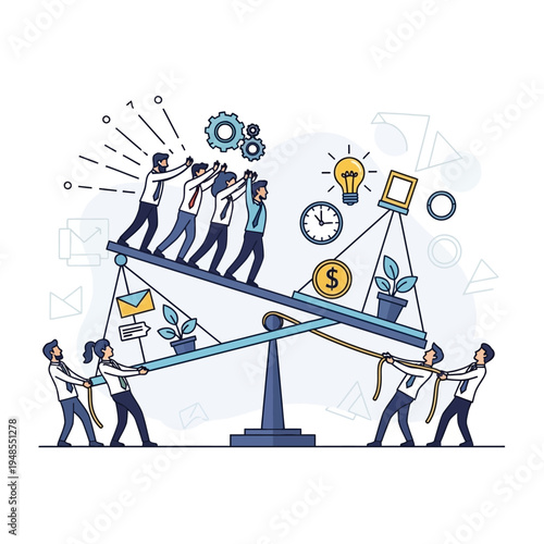 Teamwork and balance: a group of people on a seesaw, symbolizing collaboration and the effort to achieve equilibrium between different aspects of work and life.
