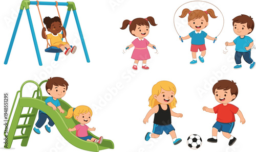 Happy kids playground activities illustration, children playing swing slide skipping rope soccer, outdoor childhood fun cartoon character set