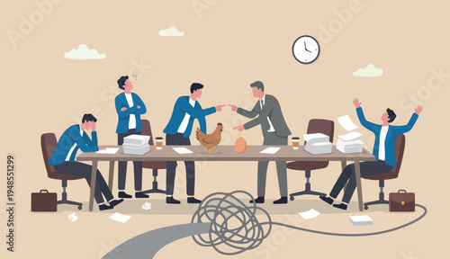 Business argument, conflict or disagreement, wasted meeting time arguing with no result, controversy question concept, businessman colleagues arguing to fight about chicken vs egg who come first