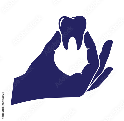 Hand holding a tooth in a dental health symbol