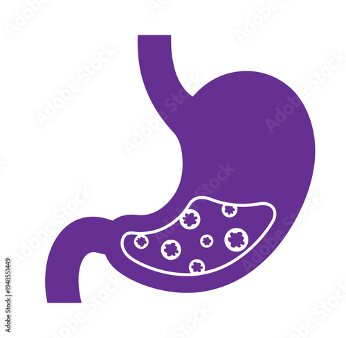 Purple human stomach with food inside digestive system organ  anatomy design element