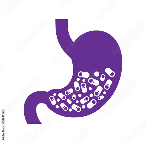 Purple stomach with white pills inside isolated on white background