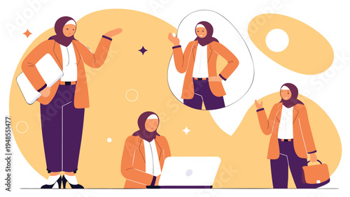 An office themed illustration featuring a professional woman wearing an orange blazer and a hijab engaged in several work activities against a yellow abstract background.