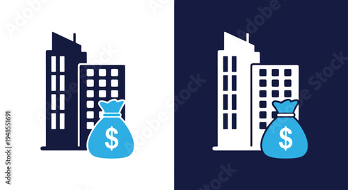 Money bag icon set on buildings finance vector - Modern style icon - Glyph icon set - Glyph solid icon - Editable modern style icon