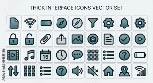 A comprehensive vector set of thick interface icons, each symbolizing different functions and actions. These icons come in a teal color and are set against a transparent background