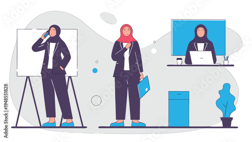 A corporate illustration showing a woman in a purple hijab and suit performing various tasks including talking on the phone and attending a video conference call.