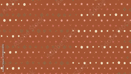 Background pattern with decorative flowers and geometric shapes on warm terracotta brown surface for creative design projects, digital wallpaper, textile prints, scrapbooking layouts, feminine brandin