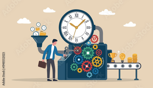 Efficiency or productivity, manage time optimize in management improve increase or performance effective process, businessman combine to clock timer gear cogwheel for best efficiency