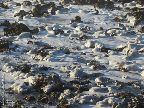 Sea Foam Blanketing the Rocky Shore