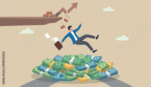 Insurance, reserve money or emergency fund on business failure, mistake accident, compensation too money support cushion concept, fail businessman falling huge big desk money banknotes safety cushion