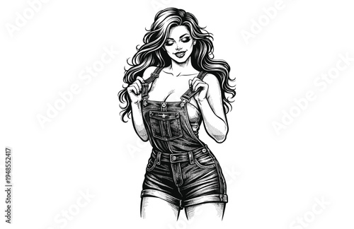 Pin-Up Style Woman Adjusting Her Denim Overalls Engraving Style Vector