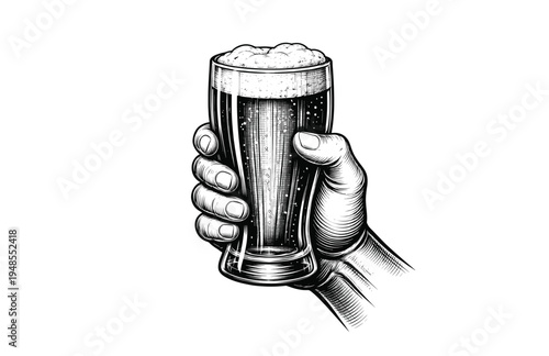Illustration of Hand Holding a Tall Glass of Dark Pilsner Beer Engraving Style Vector