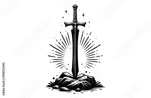 Medieval Sword Plunged into a Stone with Magic Sparkles and Halos