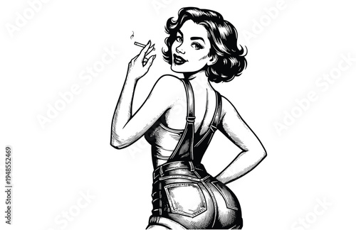 Portrait of a Retro Pin-Up Woman Smoking a Cigarette Engraving Style Vector