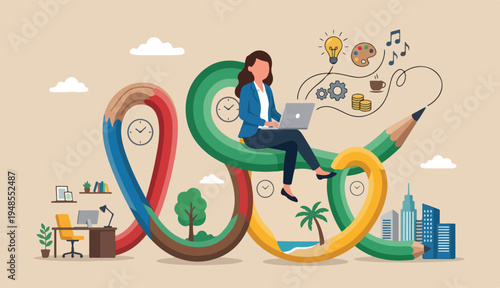 Flexible work, remote work anywhere anytime, employee choice or choose time location productivity creativity concept, cheerful woman enjoy working with computer laptop flex bent pencil