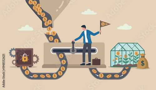 Cash flow, investment fund flow, fund raising, bank loan financial activity making money profit concept, Businessman leader investor holding flag control flow money Dollar coins