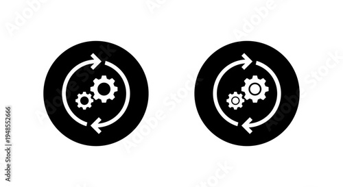 Sync gear icon set in black circle. Process synchronization symbol. System update sign