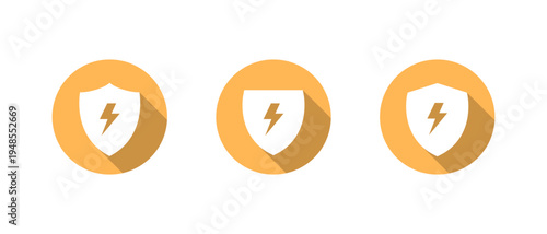 Shield lightning bolt icon set with long shadow. Energy protection symbol