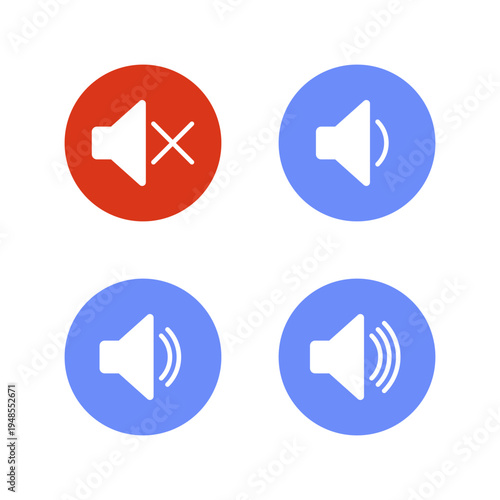 Speaker volume icon set in red and blue circle. Mute sound to loud symbol. Audio level sign
