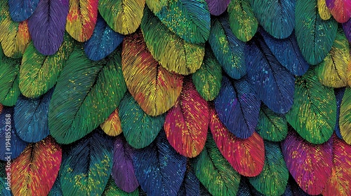 Vibrant tropical parrot feather pattern in shades of green, blue, purple, and red