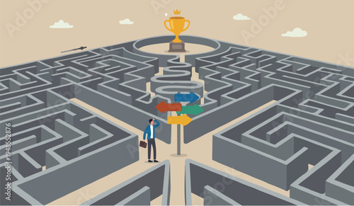 Path trophy, solve problem or business decision concept, contemplation businessman finding the way in labyrinth to reach target.