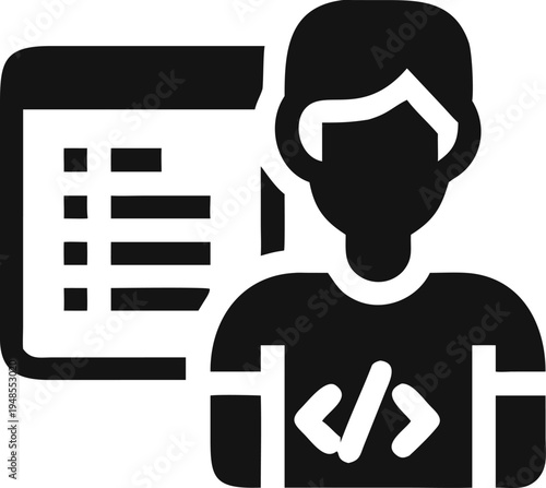 User wearing a shirt with code symbols and a tablet displaying programming code elements