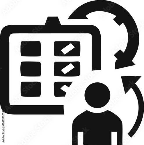 User workflow and iterative task management represented by a clipboard with checkboxes and circular arrows