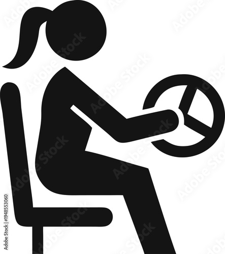 Woman actively controlling a vehicle by grasping the steering wheel while seated