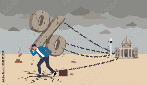 Debt burden the for we can risk from high interest to rate, FED or federal reserved rate hike cause heavy loan or mortgage payment, economic recession concept, businessman carry heavy percentage