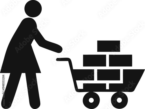 Woman Pushing a Utility Cart Loaded with Boxes for Transport or Delivery
