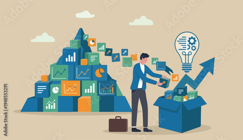 Consolidate report or combine data, integration or connection to get solution success, union, blend join research, collaboration or optimization, hand put data mountain peak graph consolidate